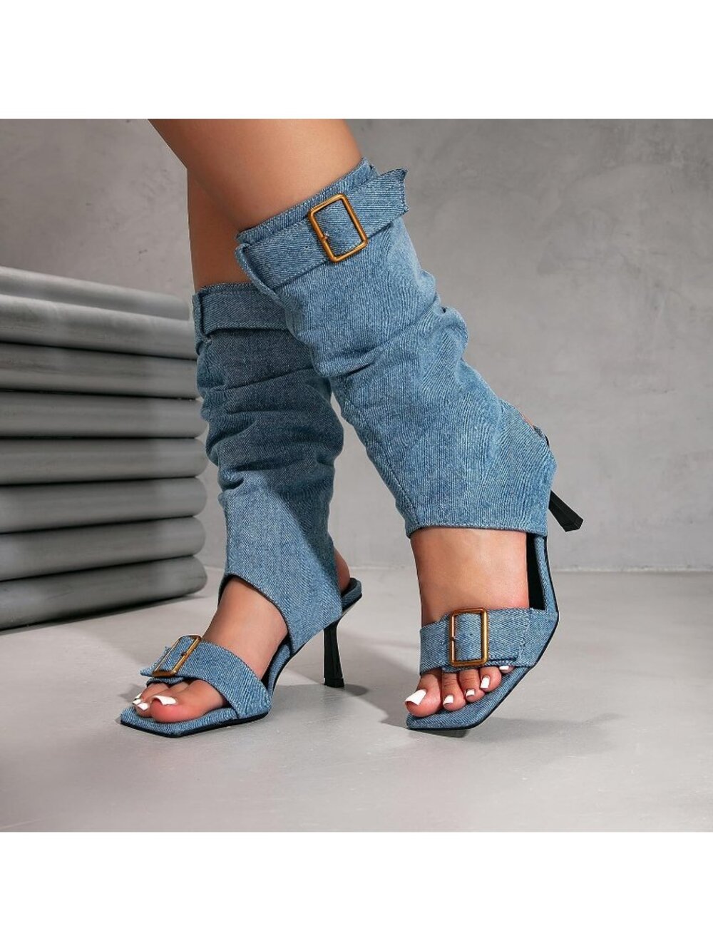Women's Blue Faux Suede Belt Buckle Vintage Square Open Toe Slingback Low Heels - Picture 5 of 7